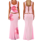 Women's floral lace-up corset crop top and matching mermaid long skirt set.